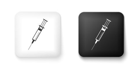 Black and white Syringe icon isolated on white background. Syringe sign for vaccine, vaccination, injection, flu shot. Medical equipment. Square button. Vector.