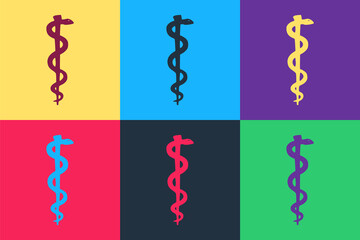 Pop art Rod of asclepius snake coiled up silhouette icon isolated on color background. Emblem for drugstore or medicine, pharmacy snake symbol. Vector.
