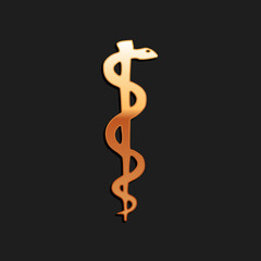 Gold Rod of asclepius snake coiled up silhouette icon isolated on black background. Emblem for drugstore or medicine, pharmacy snake symbol. Long shadow style. Vector.