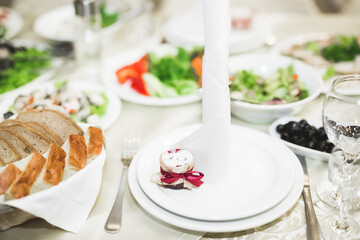 Interior of a restaurant prepared for wedding ceremony