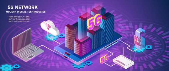 5G new wireless internet wifi connection. Smartphone mobile device isometric blue 3d. Global network high speed innovation connection data rate technology vector illustration