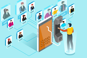 Social network communication Isometric concept illustration People user avatars and speech bubbles