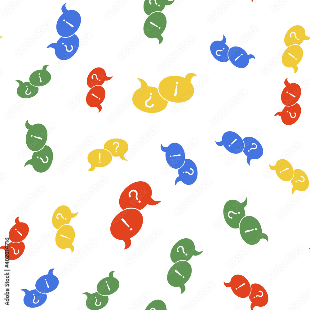 Poster color speech bubbles with question and exclamation marks icon isolated seamless pattern on white bac