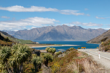 View over Lake Hawea and the Southern Alps in New Zealand