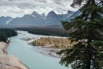 Sweeping views of the mountain peaks of the Canadian Rockies towering above the Athabasca River Basin and Athabasca Valley in Jasper National Park, Alberta, Canada.