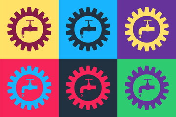 Pop art Gearwheel with tap icon isolated on color background. Plumbing work symbol. Vector.