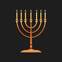 Gold Hanukkah menorah icon isolated on black background. Religion icon. Hanukkah traditional symbol. Holiday religion, jewish festival of Lights. Long shadow style. Vector.
