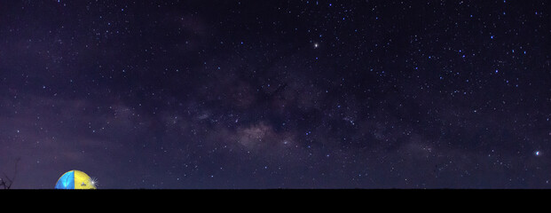 Panorama blue night sky milky way and stars