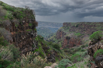 landscapes with mountain views with the remains of ancient buildings on the Golan heights in israel