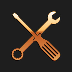 Gold Spanner and screwdriver tools icon isolated on black background. Service tool symbol. Long shadow style. Vector.