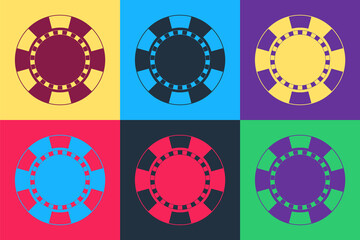 Pop art Casino chip icon isolated on color background. Vector.