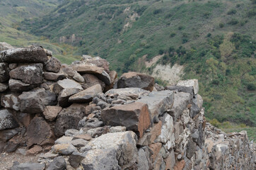 landscapes with mountain views with the remains of ancient buildings on the Golan heights in israel