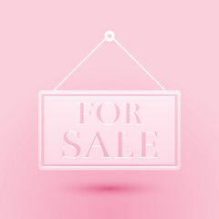 Paper cut Hanging sign with text For Sale icon isolated on pink background. Paper art style. Vector.