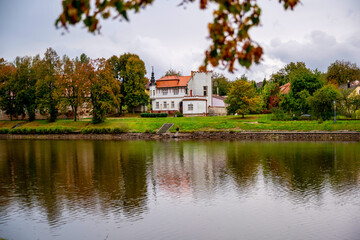 Fototapeta na wymiar Historical small castle on bank of river Vltava in city Tyn nad Vltavou.