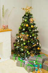 New Year's interior, a beautiful photo zone with a Christmas tree, fireplace and gifts