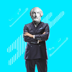 Business status, hands crossed. Office man headed by bright statue on blue background. Negative space to insert your text. Modern design. Contemporary colorful and conceptual bright art collage.