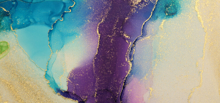 Abstract blue, violet and gold glitter color background. Marble texture. Alcohol ink colors.