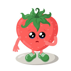 Cute sad strawberry with big eyes and tears. Colorful kawaii fruit emoticon with pitying look. Isolated vector illustration.	