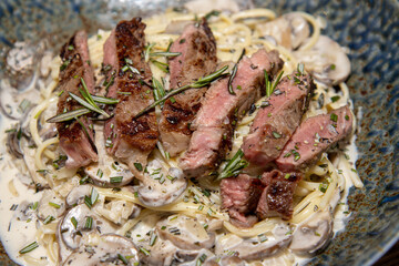 A plate of delicious steak and creamy mushroom linguine