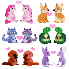 Valentine's day concept illustration with cute animals love cartoon characters set. Greeting card with cute cartoon little Valentine animals. Vector illustration