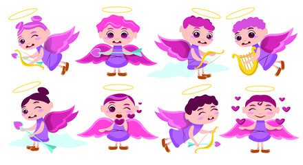 Pack illustrated cupid character. Cupid angels characters. Flying, sitting on clouds, spreading love. Happy Valentine's Day. Cute character in different poses. Vector illustration