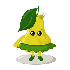 Cute pear girl with big eyes and tears. Colorful kawaii fruit emoticon with pitying look. Isolated vector illustration.	