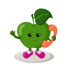 Funny smiling cute kawaii apple with sneakers holding a phone. Colored isolated vector illustration in flat design with shadows	