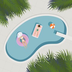 People Characters Swimming in Public Swimming Pool in Summer. Man and Woman wearing Swimsuits Sunbathing, Lying and Floating on Water. Summer Vacation Concept. Flat Isometric Vector Illustration.