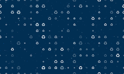 Seamless background pattern of evenly spaced white recycling symbols of different sizes and opacity. Vector illustration on dark blue background with stars