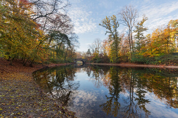 Krefeld - View to Bridge at City Lake  in autumn mood in the early morning / Germany