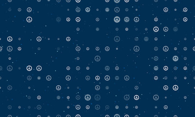 Fototapeta na wymiar Seamless background pattern of evenly spaced white peace symbols of different sizes and opacity. Vector illustration on dark blue background with stars