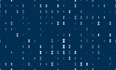 Seamless background pattern of evenly spaced white hourglass symbols of different sizes and opacity. Vector illustration on dark blue background with stars