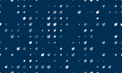 Seamless background pattern of evenly spaced white hands of different sizes and opacity. Vector illustration on dark blue background with stars