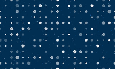 Seamless background pattern of evenly spaced white geraniums of different sizes and opacity. Vector illustration on dark blue background with stars