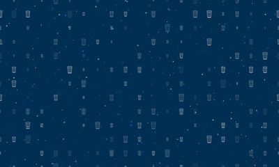 Seamless background pattern of evenly spaced white glass symbols of different sizes and opacity. Vector illustration on dark blue background with stars