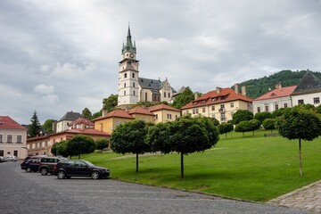 Cityscape of Kremnica city with Kostol sv. Katariny Alexandrijskej Church at Stefanikovo namesti town square