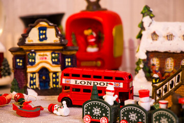 Christmas toy city, London theme, house, snow, light, toys and decorations