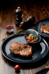 Meat restaurant photo for a food magazine, masculine atmosphere