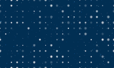 Seamless background pattern of evenly spaced white coronavirus symbols of different sizes and opacity. Vector illustration on dark blue background with stars