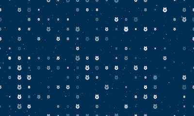Seamless background pattern of evenly spaced white christmas wreath symbols of different sizes and opacity. Vector illustration on dark blue background with stars