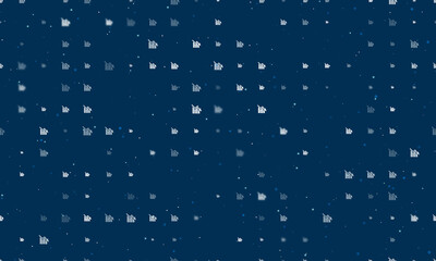 Seamless background pattern of evenly spaced white chart down symbols of different sizes and opacity. Vector illustration on dark blue background with stars