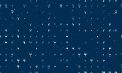 Seamless background pattern of evenly spaced white wineglass symbols of different sizes and opacity. Vector illustration on dark blue background with stars