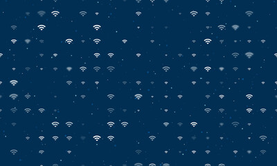 Seamless background pattern of evenly spaced white wifi symbols of different sizes and opacity. Vector illustration on dark blue background with stars
