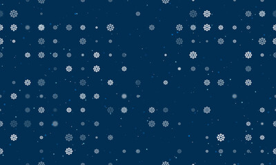 Seamless background pattern of evenly spaced white wheel symbols of different sizes and opacity. Vector illustration on dark blue background with stars