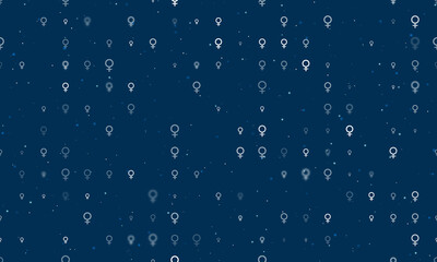Seamless background pattern of evenly spaced white venus symbols of different sizes and opacity. Vector illustration on dark blue background with stars
