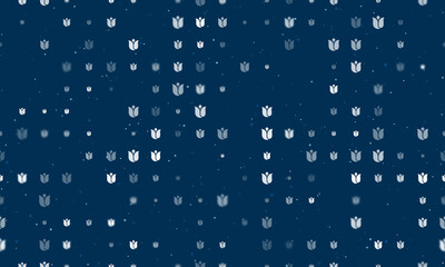 Seamless background pattern of evenly spaced white tulips of different sizes and opacity. Vector illustration on dark blue background with stars