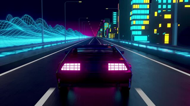 80s retrowave background 3d animation. Futuristic neon car wheel close up.