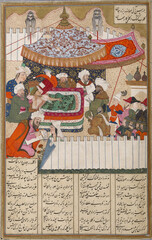 An old illuminated manuscript of Iskandar dying, Persian miniature from the Shahnamah