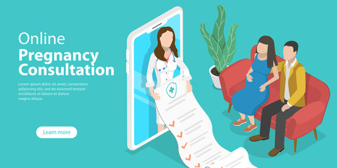 3D Isometric Flat Vector Conceptual Illustration of Online Pregnancy Consultation, Pregnant Woman Assistance.