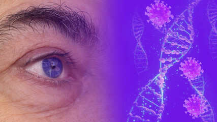 Blue eye of an aging man in background of DNA and coronavirus. - Powered by Adobe